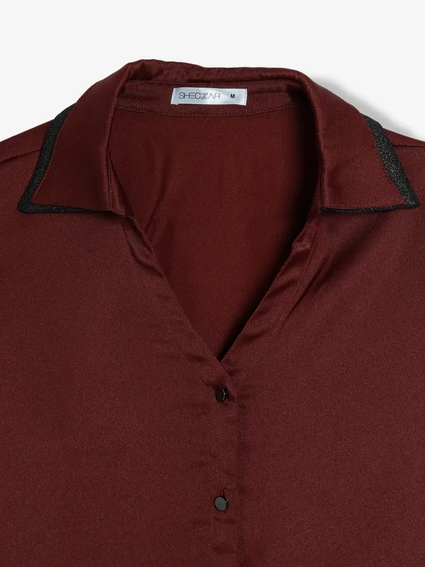 Sheczzar maroon plain satin shirt