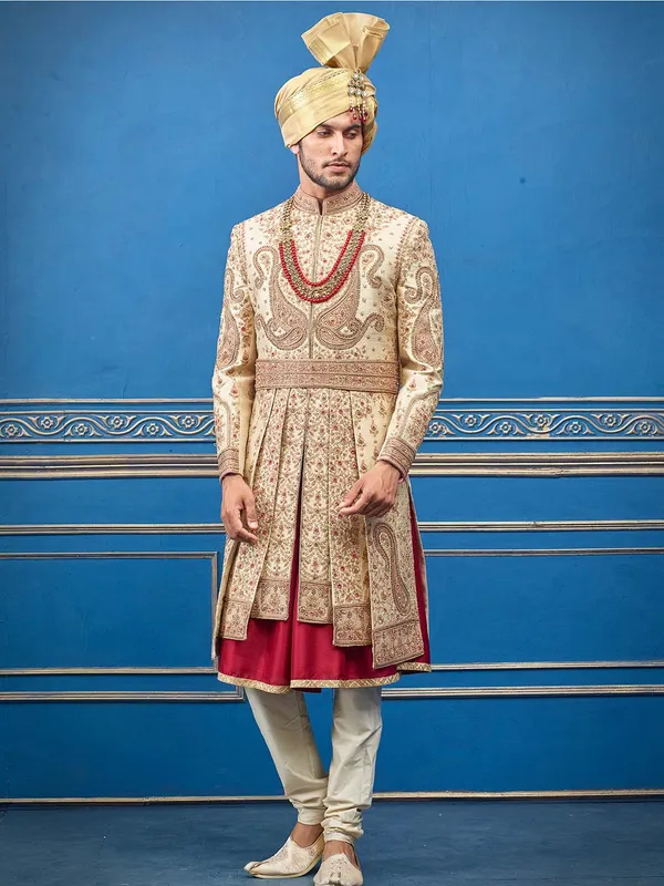 Sherwani in cream raw silk for groom