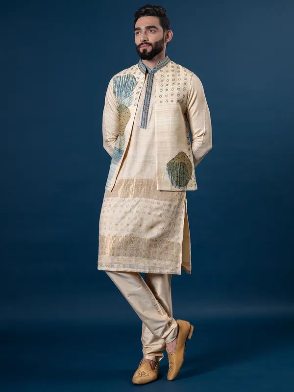 Shiney cream raw silk waistcoat set for men