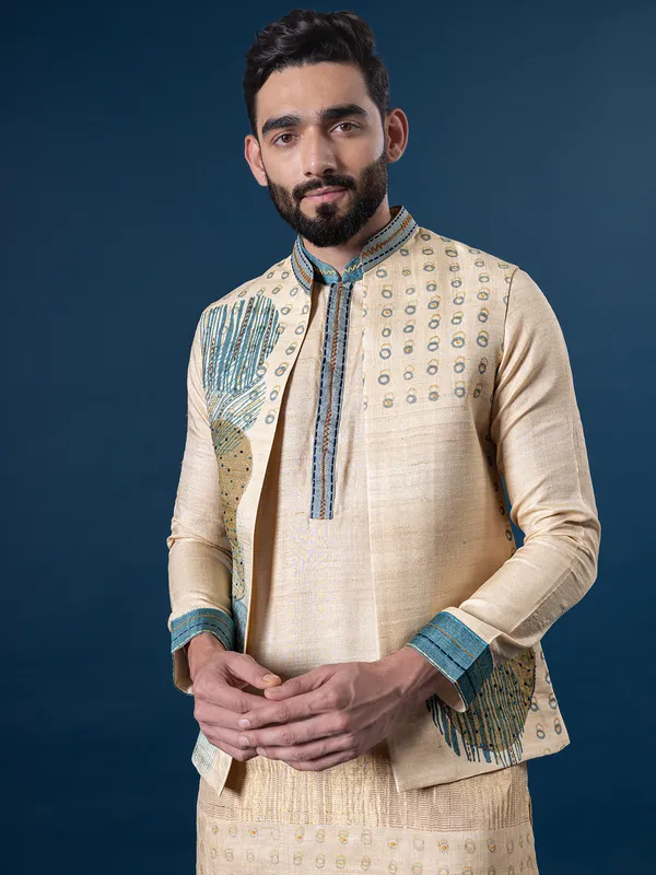 Shiney cream raw silk waistcoat set for men