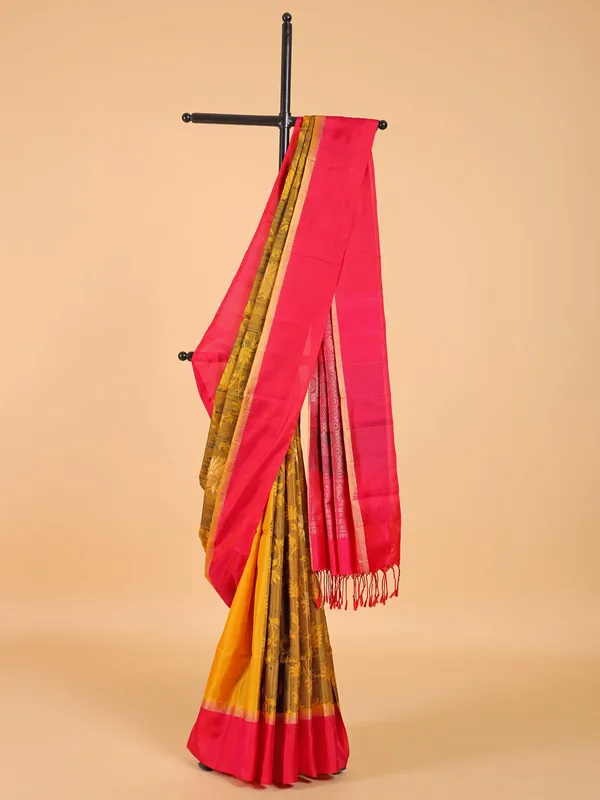 Shiney mustard yellow silk saree