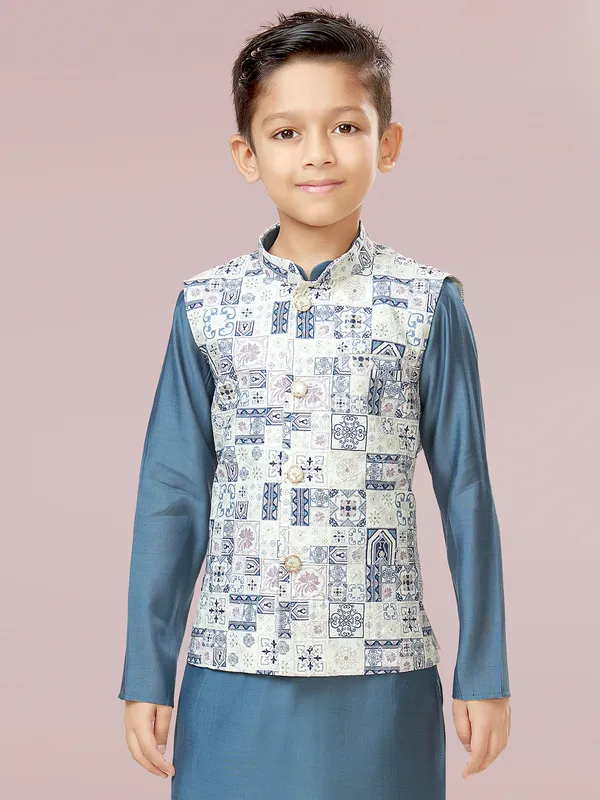 Shiny blue and white waistcoat set for boys
