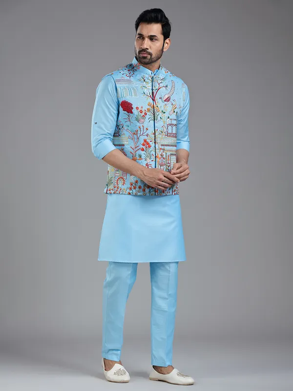 Shiny firozi blue kurta jacket set with colorful embroidery