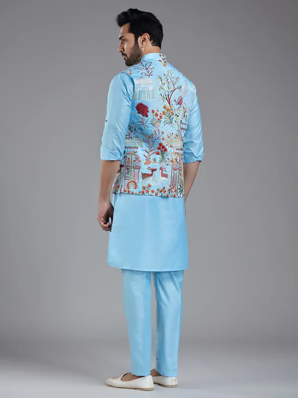 Shiny firozi blue kurta jacket set with colorful embroidery