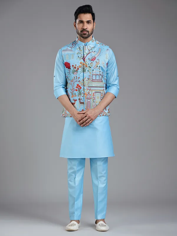 Shiny firozi blue kurta jacket set with colorful embroidery