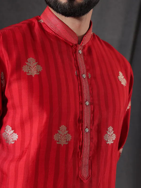 Shiny red silk kurta suit for men