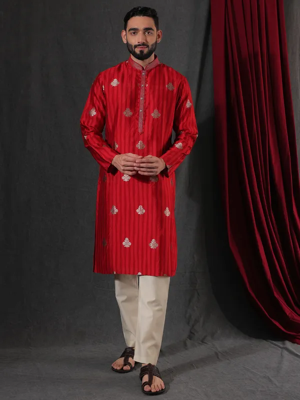Shiny red silk kurta suit for men