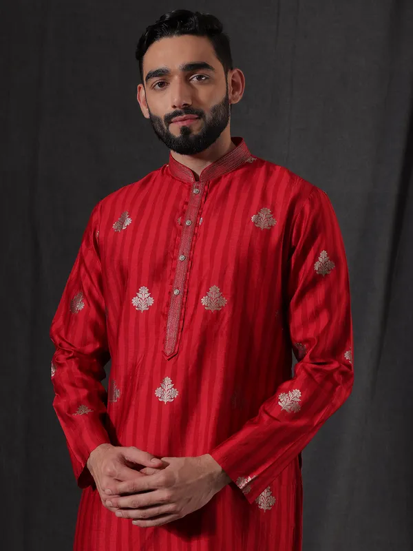 Shiny red silk kurta suit for men