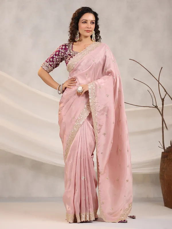 Shiny silk pink saree