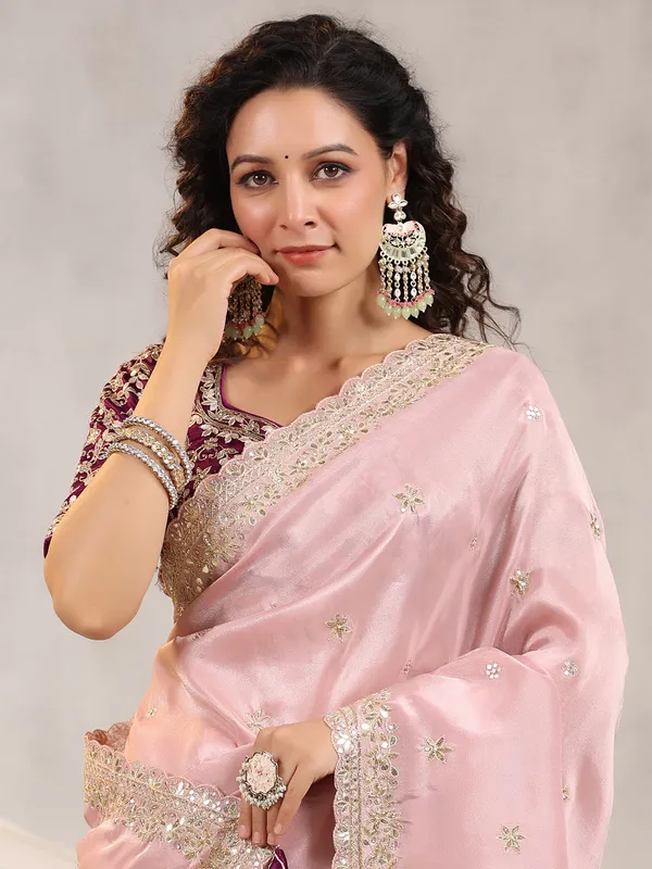 Shiny silk pink saree