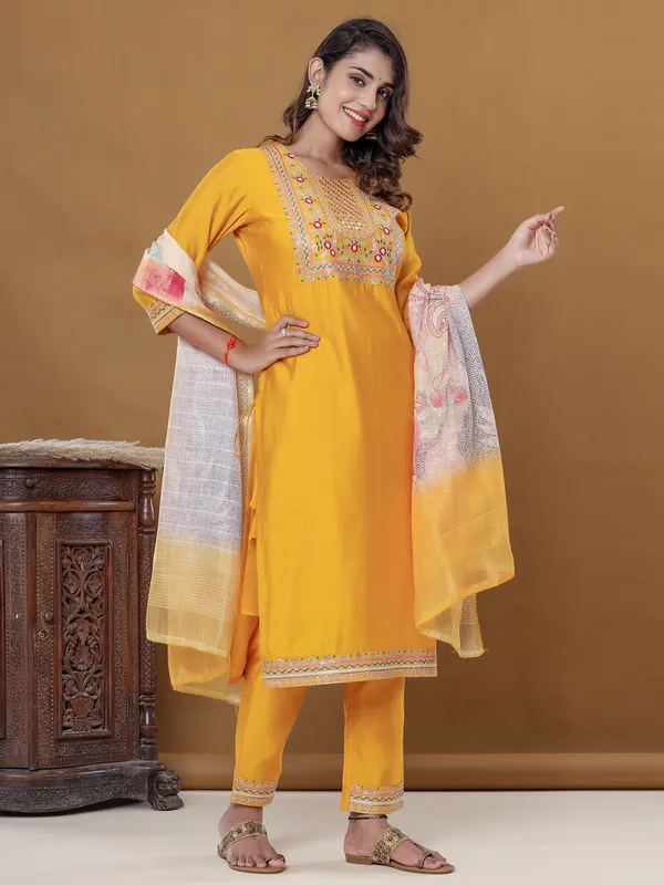 Shiny yellow silk kurti set