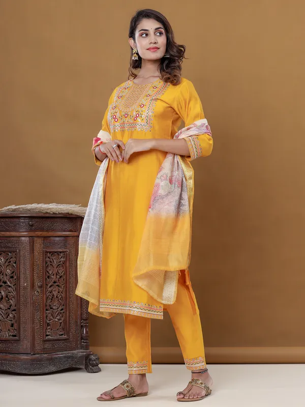 Shiny yellow silk kurti set