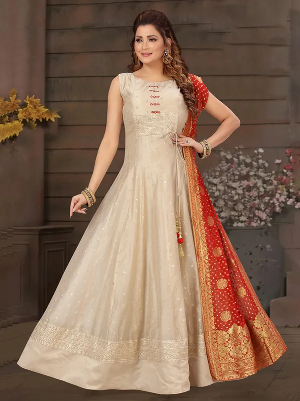 Silk anarkali floor length suit in beige