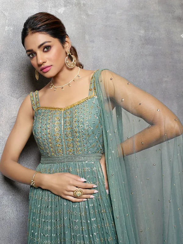 Silk anarkali floor length suit in sage green