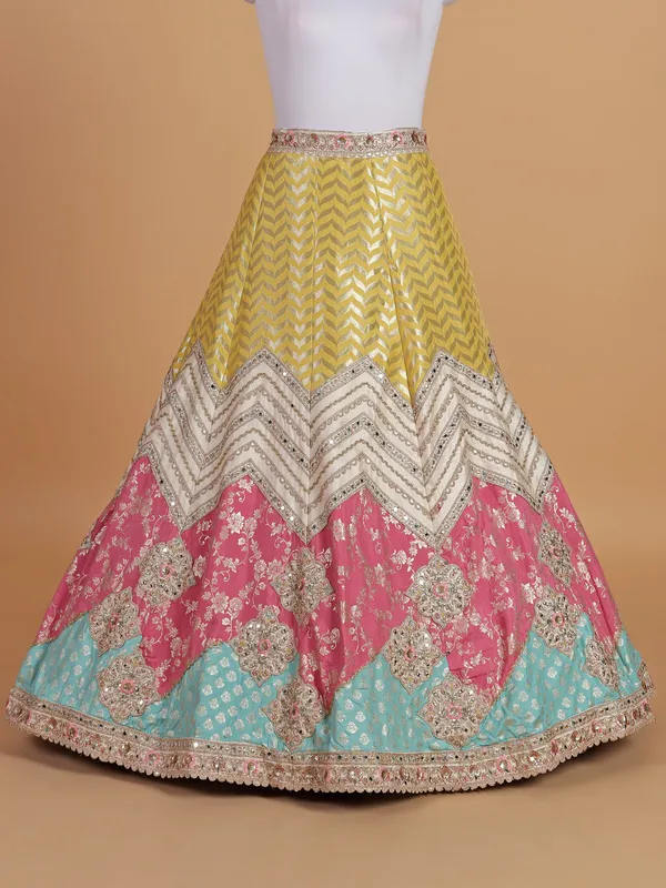 Silk based wedding style cream lehenga choli
