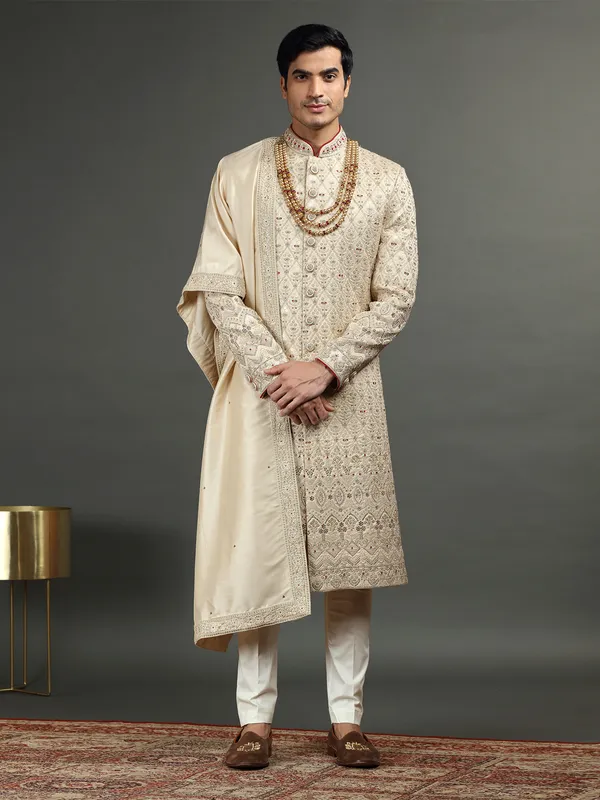 Silk beige groom wear sherwani