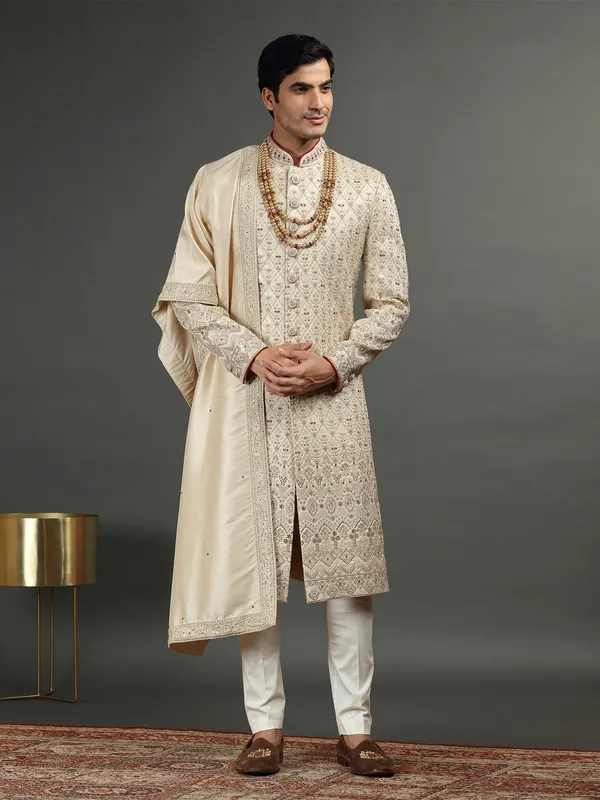 Silk beige groom wear sherwani