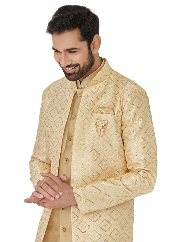 Silk beige indowestern for wedding wear