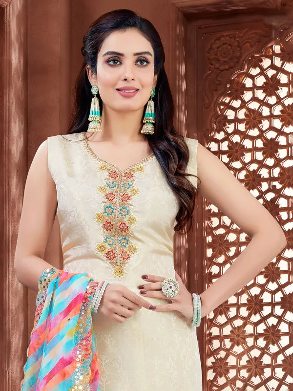 Silk beige salwar kameez for women