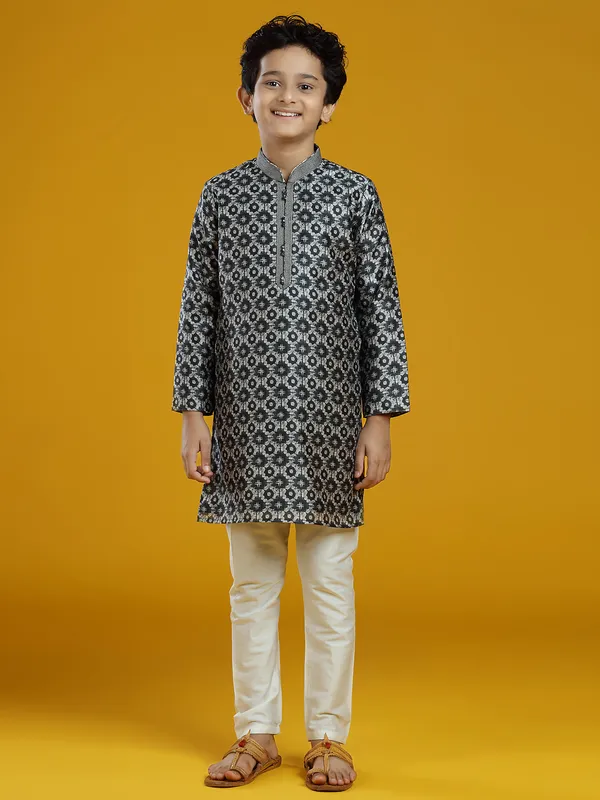 Silk black festive wear printed kurta suit for boys