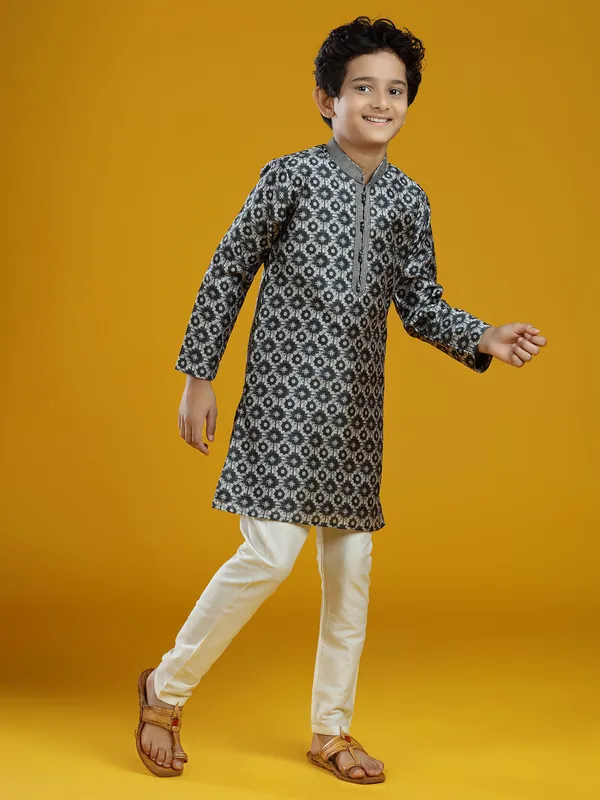 Silk black festive wear printed kurta suit for boys