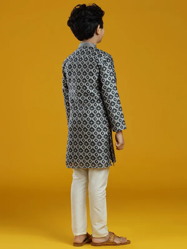 Silk black festive wear printed kurta suit for boys