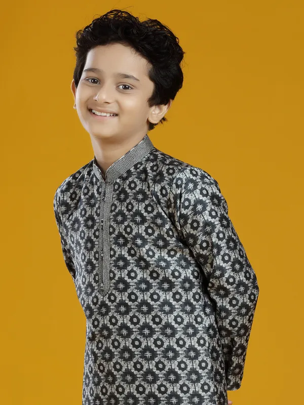 Silk black festive wear printed kurta suit for boys