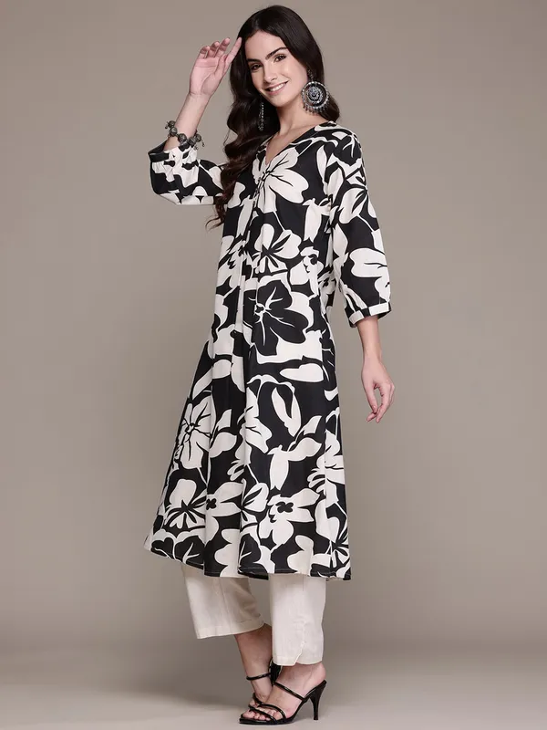 Silk black printed kurti set for women