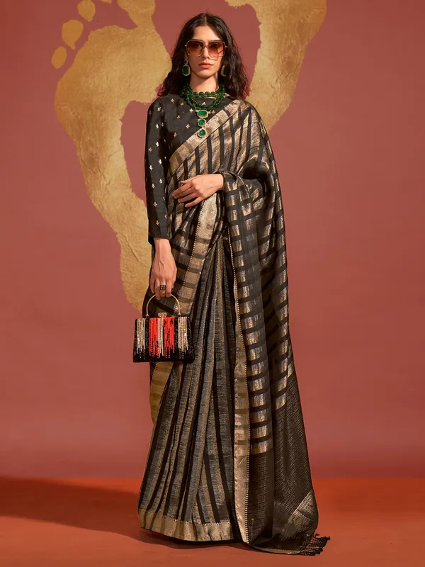 Silk black zari weaving saree