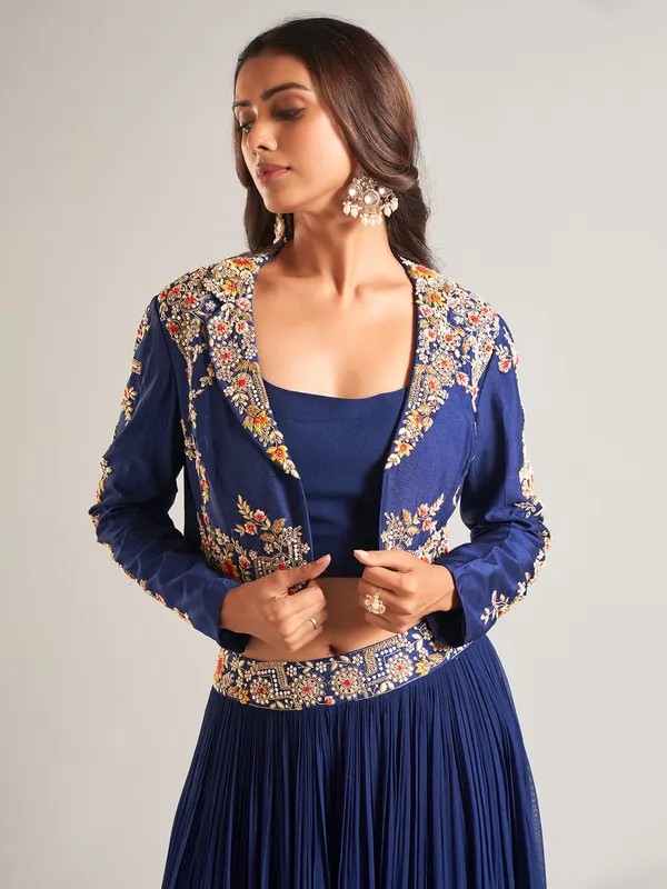 Silk blue jacket style palazzo salwar suit
