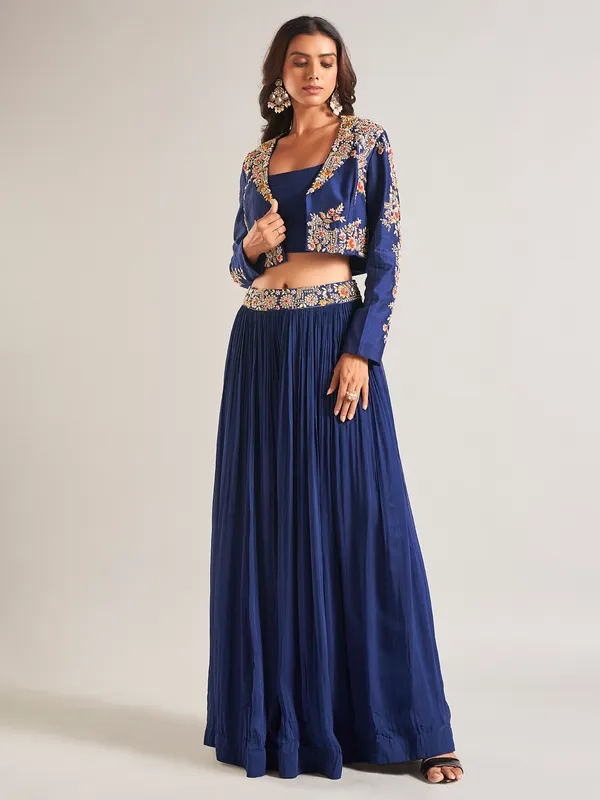 Silk blue jacket style palazzo salwar suit