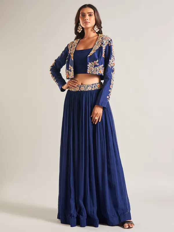 Silk blue jacket style palazzo salwar suit