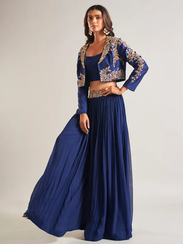 Silk blue jacket style palazzo salwar suit