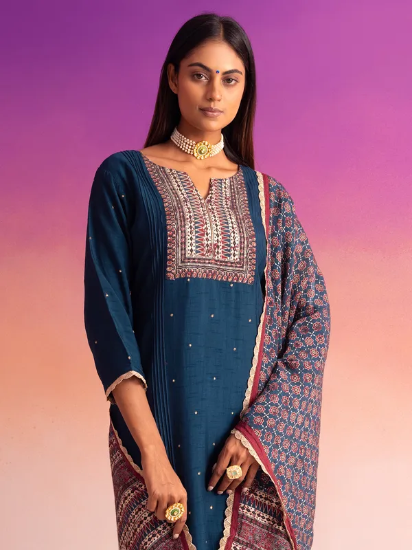 Silk blue kurti set with printed dupatta