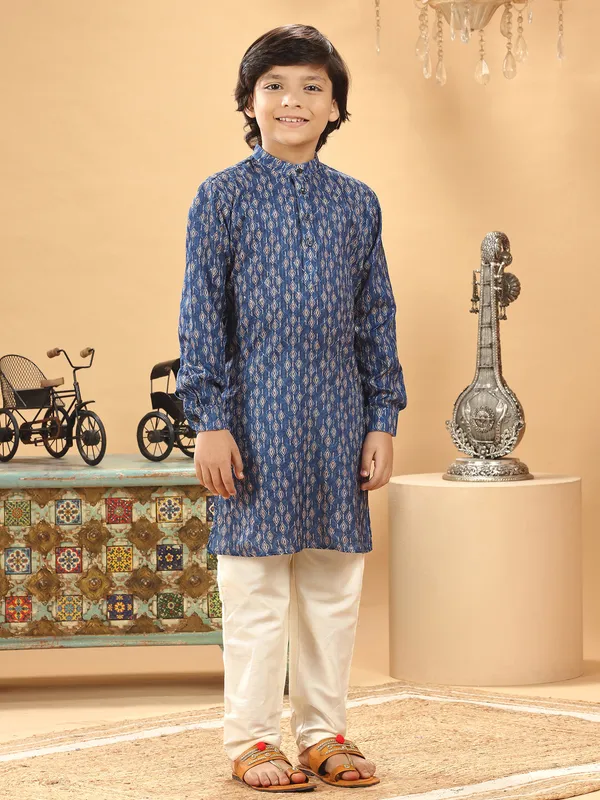 Silk blue printed kurta suit