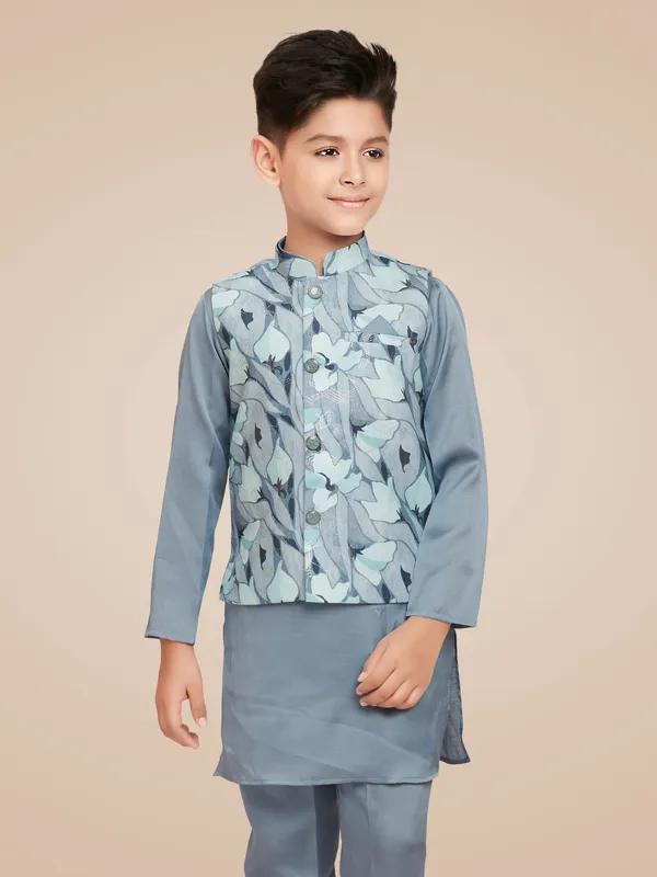 Silk blue printed waistcoat set