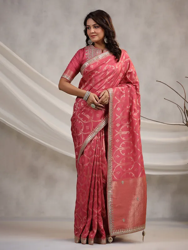 Silk coral pink wedding saree