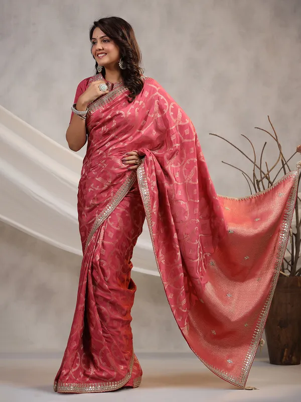 Silk coral pink wedding saree