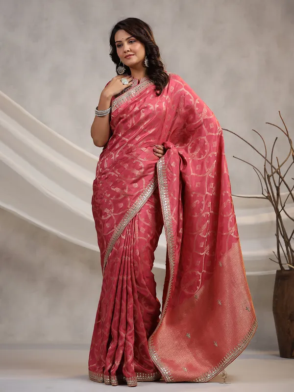 Silk coral pink wedding saree