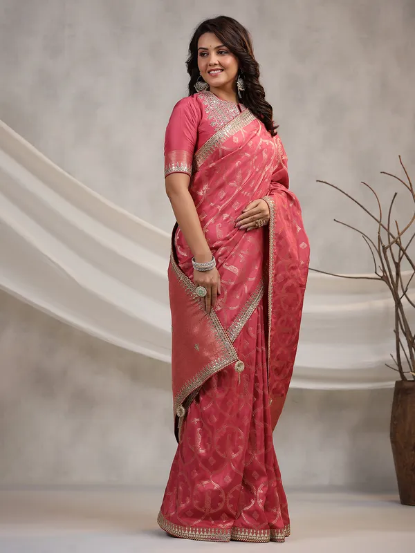 Silk coral pink wedding saree