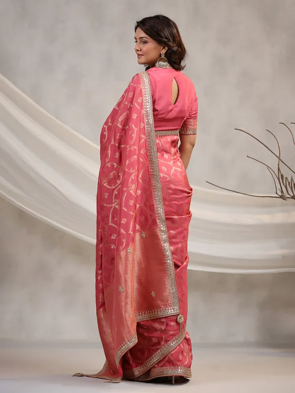 Silk coral pink wedding saree