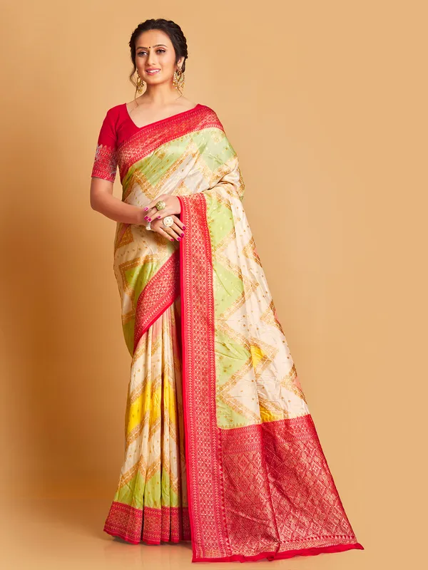 Silk cream and green saree for wedding