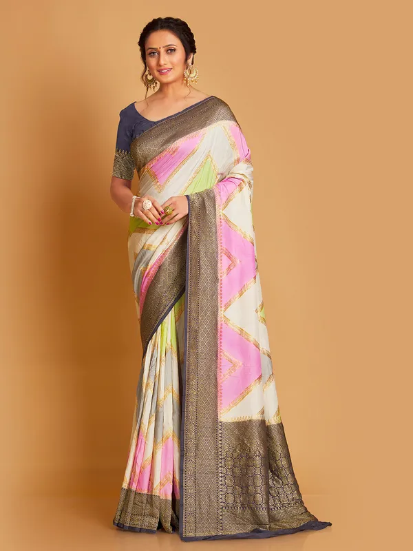 Silk cream and pink wedding wear saree