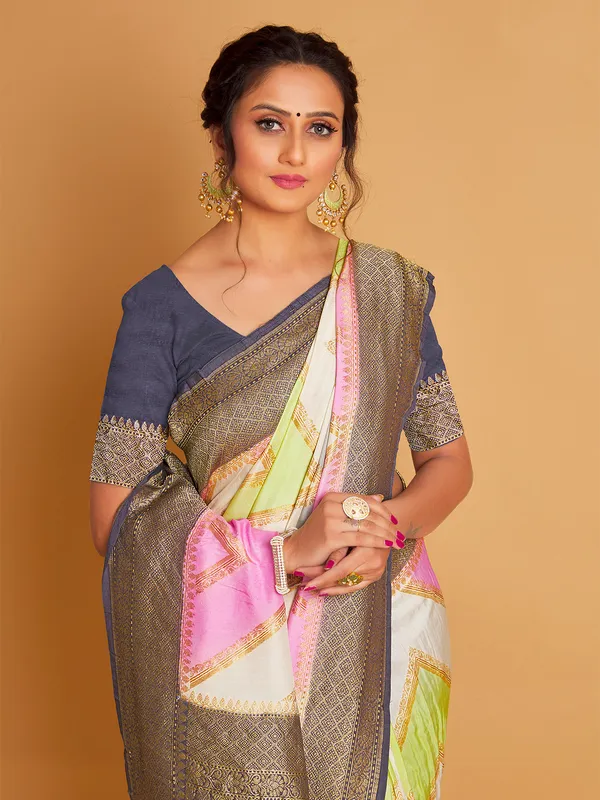 Silk cream and pink wedding wear saree