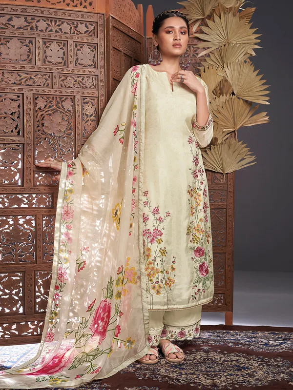 Silk cream palazzo suit with dupatta
