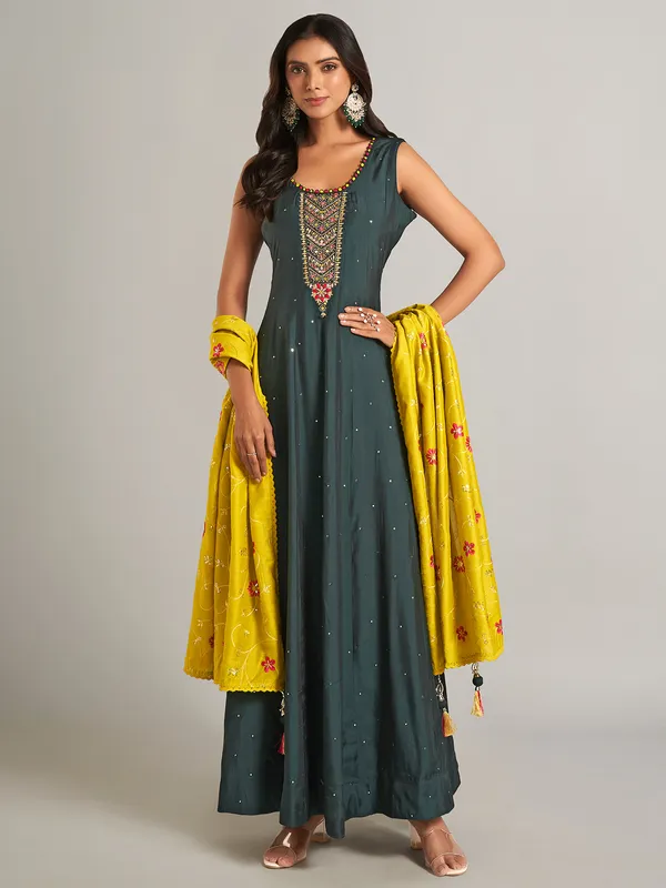 Silk dark grey anarkali salwar suit
