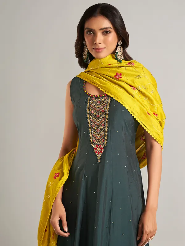 Silk dark grey anarkali salwar suit