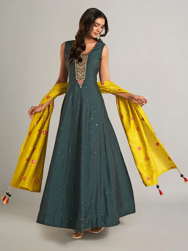Silk dark grey anarkali salwar suit