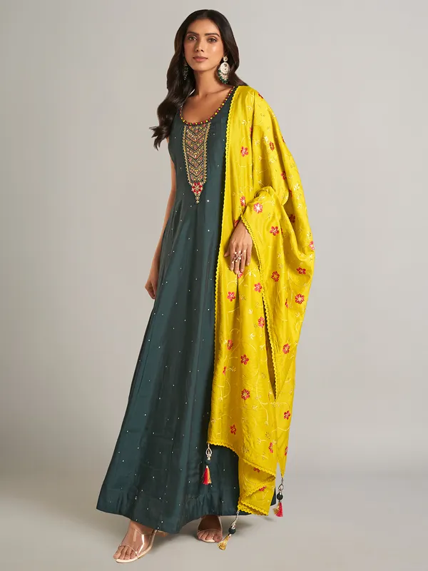 Silk dark grey anarkali salwar suit