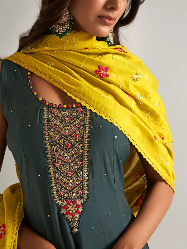 Silk dark grey anarkali salwar suit
